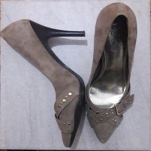 BCBG suede heels with gold detail